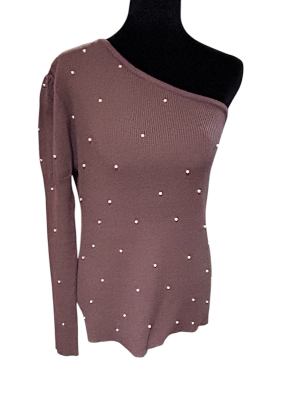 BiBi One-Shoulder Plus XL Brown Pearl-Embellished Women's Sweater-NWOT